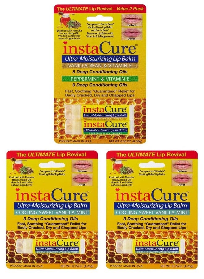 InstaCure 4-Pack | Vanilla Bean & Vitamin E, Peppermint & Vitamin E Lip Balm & Sweet Vanilla Mint Lip Repair with Manuka Honey | Ultra-Moisturizing, Heals Chapped, Dry & Cracked Lips Fast - Image 1